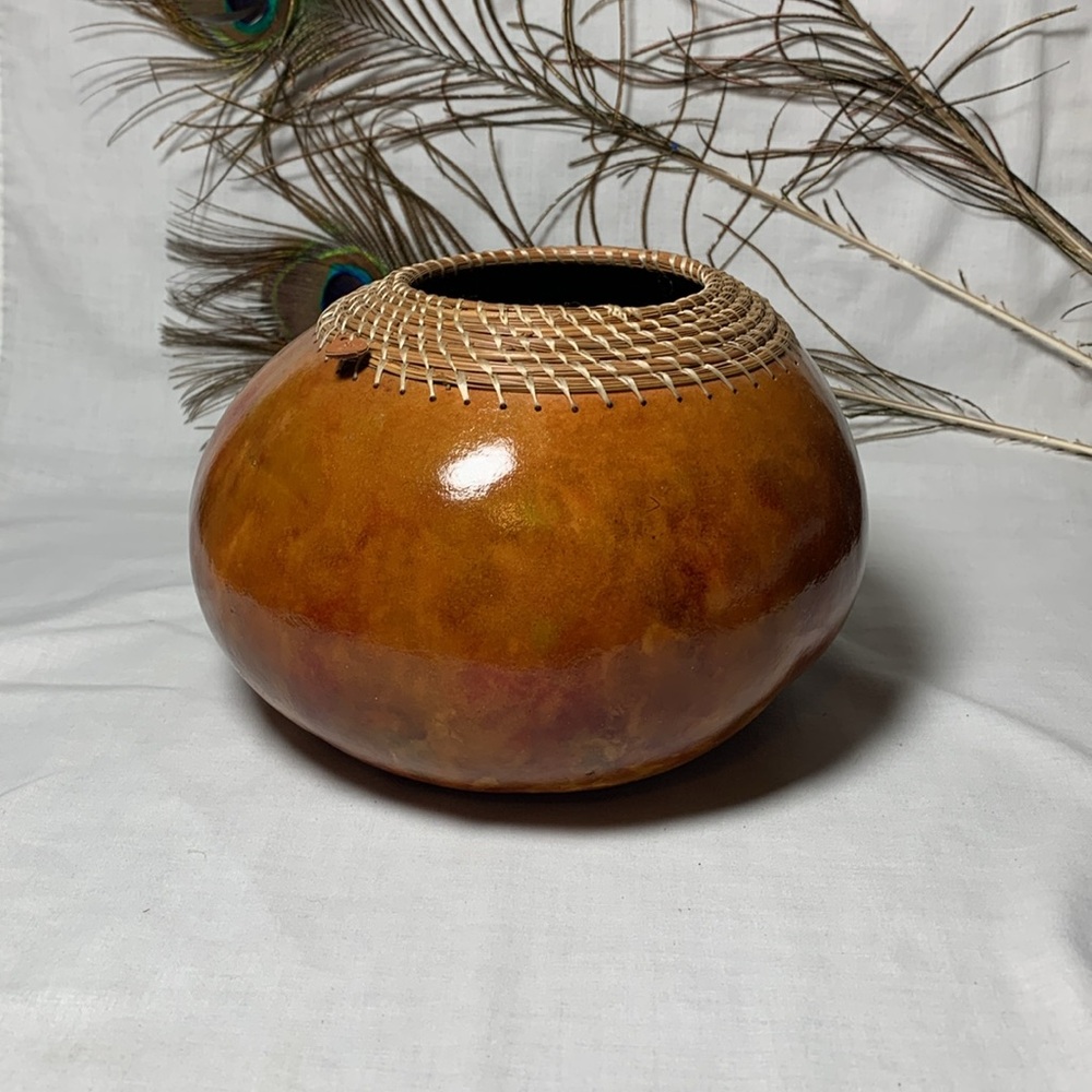 Hand Crafted Gourd Vase w/ Woven Pine Needle Accent - Picture 2 of 7